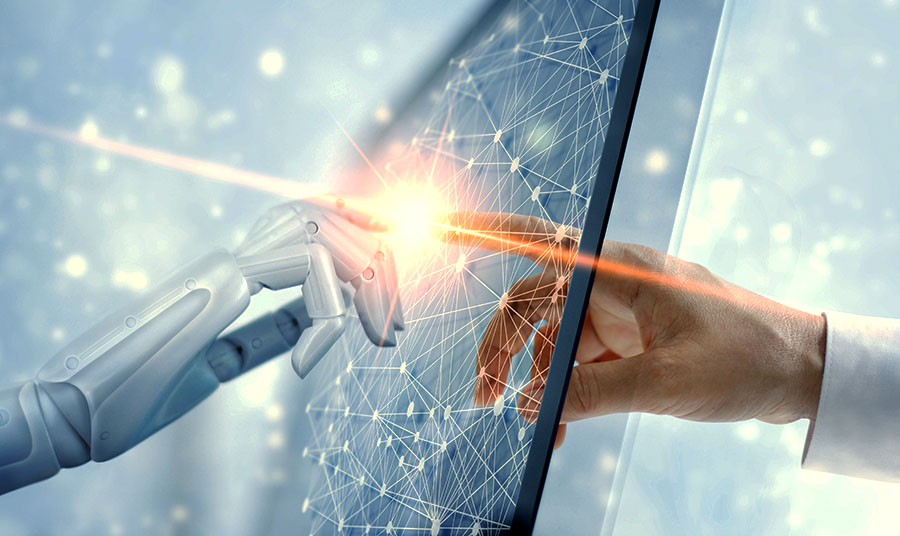 roboter hand and man hand touching a transparent display